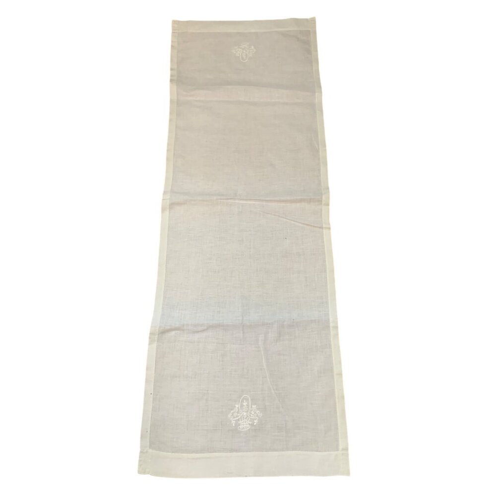 Vintage Cream Flower Basket Embroidery Linen Table Runner 17"x47"